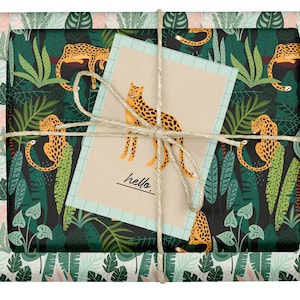 Veganes Geschenkpapier Set "Leopard/Tropisch": 4x Bögen + 1x Grußkarte (vegan Geschenk, Veganer, Geschenkset, Recyclingpapier, Blauer Engel)