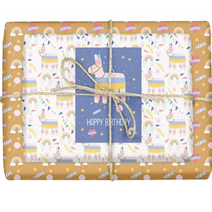 4x Kinder-Geschenkpapier Geburtstag (für Mädchen und Jungen): Lama-Pinata/ Happy Birthday/ Süßigkeiten