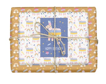 4x Children's Birthday Gift Wrap (for girls and boys): Lama Pinata/ Happy Birthday/ Sweets