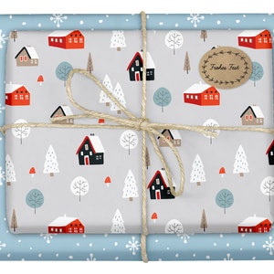4x carta da regalo natalizia (grigia, celeste, inverno scandinavo) + adesivi (case, fiocchi di neve, moderni, adulti, fiocchi)
