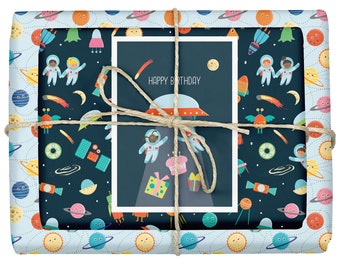 4x Children's Wrapping Paper: Space / Space / Astronaut / Rocket (for boy, girl, birthday, school enrollment, recycling, diversity)