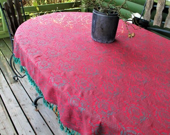 Red vintage tablecloth green cotton with fringes table linens house warming Christmas gift size 126 cm * 172 cm / 49.6" * 67.7"