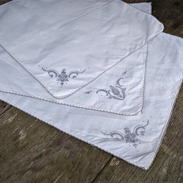 White grey batist cotton vintage wipe snot rag handkerchief embroidery gift for her him set of 3 linens napkins