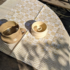 Vintage woven tablecloth table linens white linen yellow square home decor