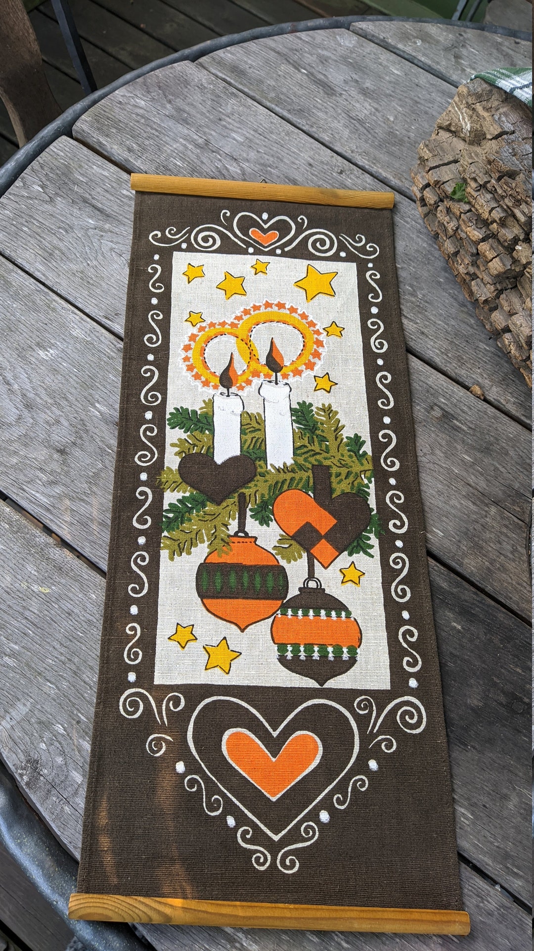 Vintage Christmas Wall Hanging Textile Brown Candles Home Etsy