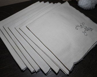 Lot of vintage white cotton napkins embroidered 7 set table linen handmade grey ivory home decor