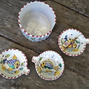 Vintage set of jars miniature plates with fish decor dishes for sauces white porcelain ceramic made in Italy