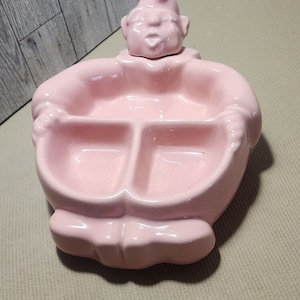 Vintage Pink Ceramic Clown Hankscraft Divided Baby Food Warmer Dish 1940s
