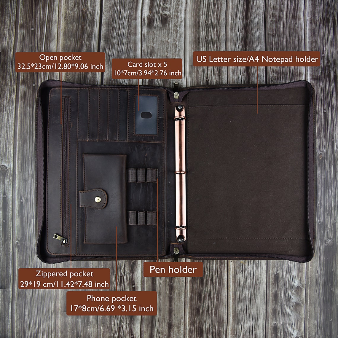 Leather 3 Ring Zippered Binder With A4 Notepad HolderPadfolio Etsy