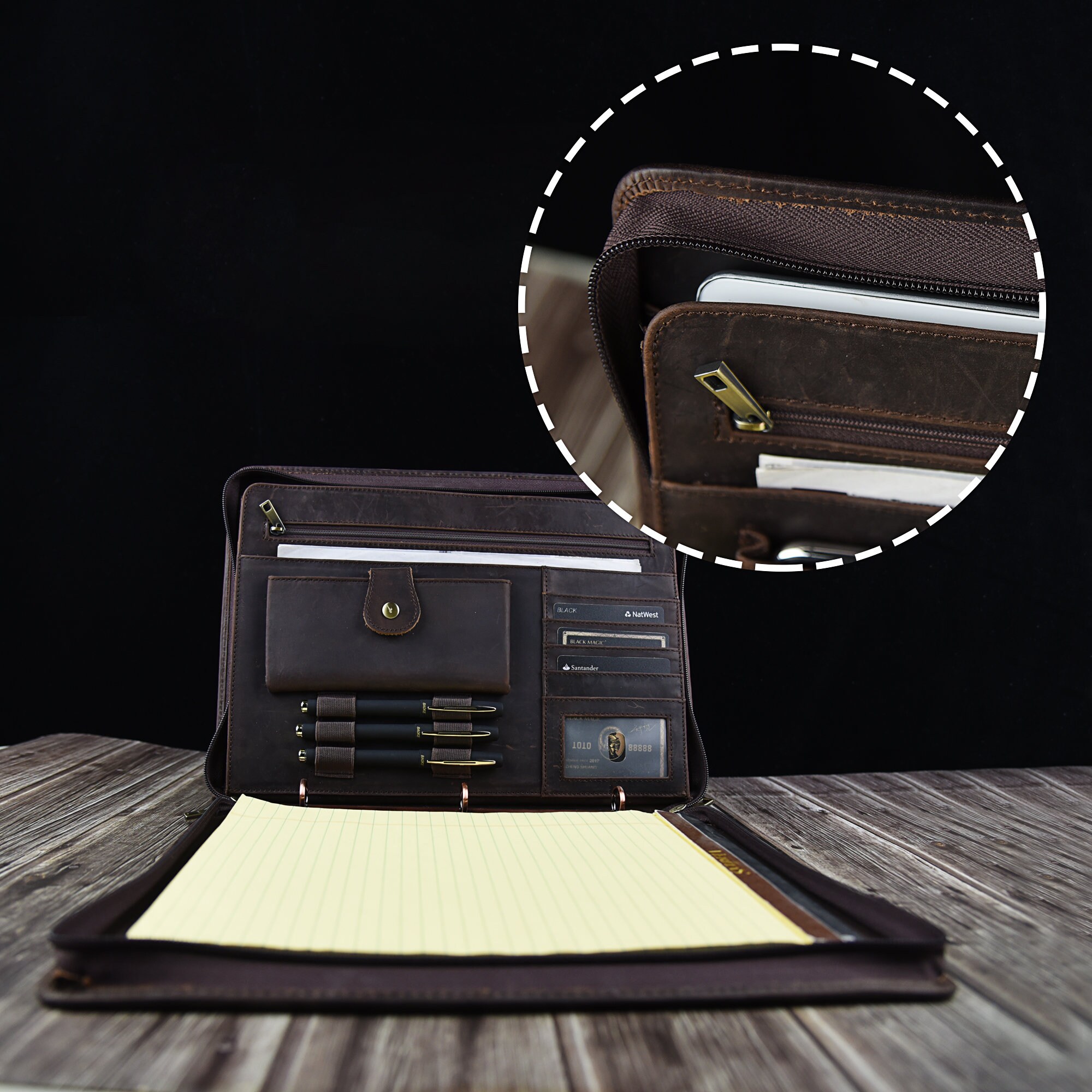 Leather 3 Ring Zippered Binder With A4 Notepad HolderPadfolio Etsy