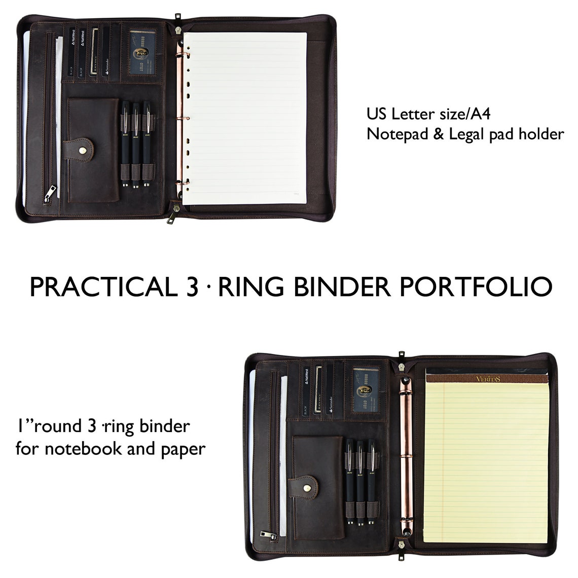 Leather 3 Ring Zippered Binder With A4 Notepad HolderPadfolio Etsy