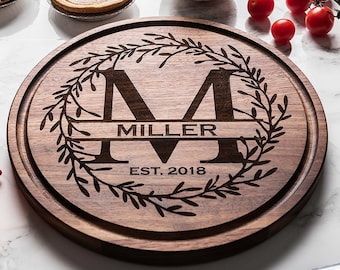 Engraved Round Wood Cutting Board - Personalized Wedding Gift - Engagement Gifts for Couple - 5th Anniversary Gift
