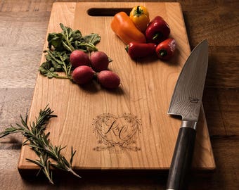 Cutting Board Personalized, Wood Charcuterie Board, Monogrammed Heart, Engagement Wedding Anniversary Gift for Him Her Couple