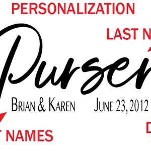 May include: A black and white image with the word "Purser" written in cursive. The text "BRIAN & KAREN" is below the word "Purser" and the text "JUNE 23, 2012" is below that. The text "LAST NAME" is written in red above the word "Purser" and the text "FIRST NAMES" is written in red below the text "BRIAN & KAREN". The text "DATE (OPTIONAL)" is written in red below the text "JUNE 23, 2012".