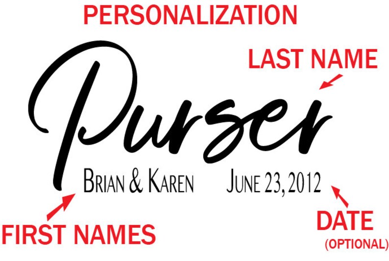 May include: A black and white image with the word "Purser" written in cursive. The text "BRIAN & KAREN" is below the word "Purser" and the text "JUNE 23, 2012" is below that. The text "LAST NAME" is written in red above the word "Purser" and the text "FIRST NAMES" is written in red below the text "BRIAN & KAREN". The text "DATE (OPTIONAL)" is written in red below the text "JUNE 23, 2012".