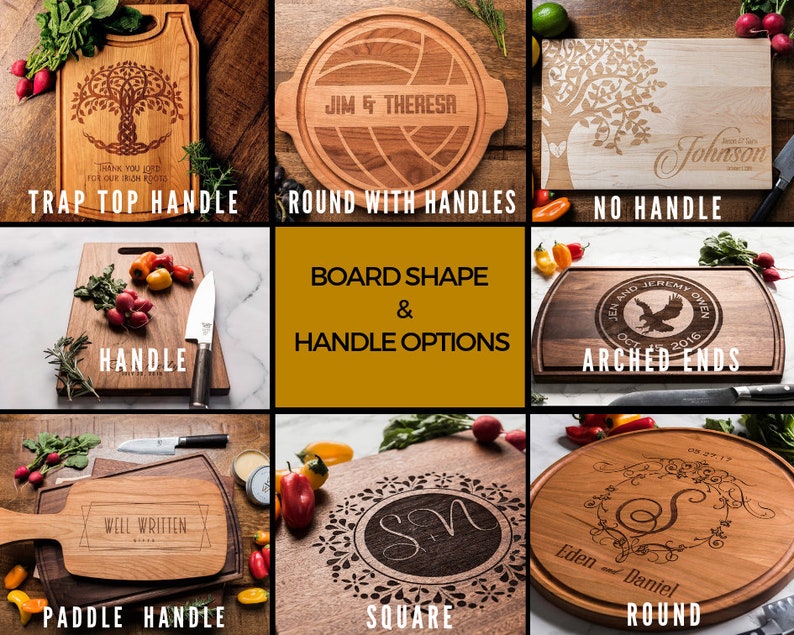 May include: A collage of nine different wooden cutting boards with various shapes and handle styles. The boards are engraved with different designs, including a tree, a volleyball, a monogram, and a bird. The text "Board Shape & Handle Options" is displayed in the center of the collage.