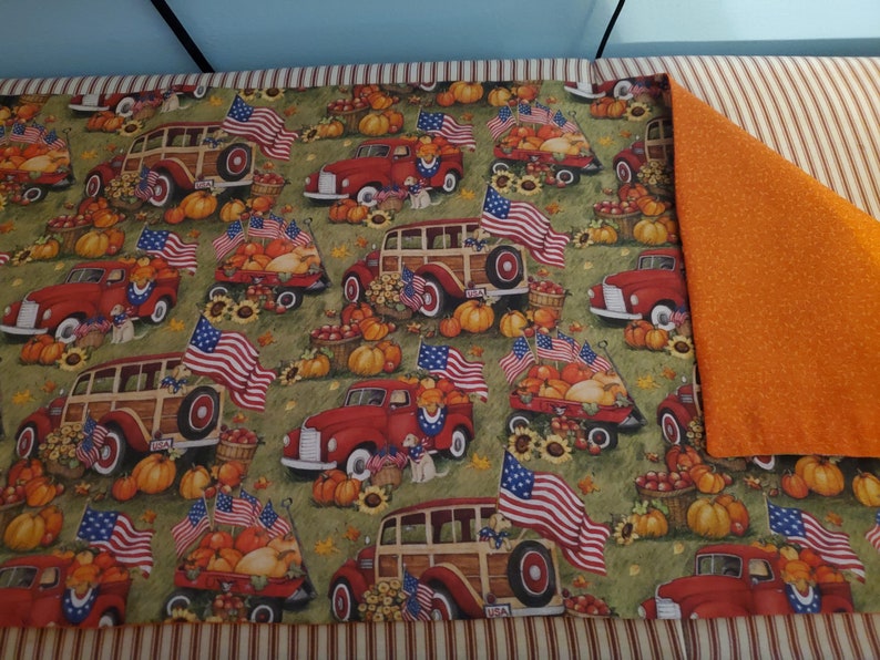 Autumn/Fall/Harvest Reversible Table Runner PATRIOTIC/RED TRUCK image 1