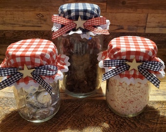 Set of 3 Mason Jar Bonnets/Jar Toppers/Lid Covers-SUMMER/PATRIOTIC Gingham