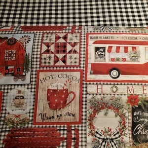 May include: Christmas-themed fabric with a black and white checkered pattern. The fabric features various red and white illustrations, including a barn, a truck, a mug of hot cocoa, and the text "Have yourself a merry little Christmas."