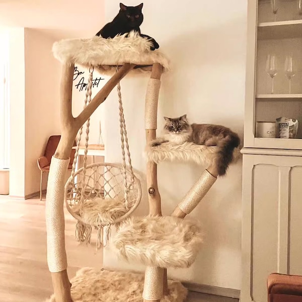 Wooden Cat Tree Condo Wood Cat Tower Driftwood Cat Climbing Tree For Cat Scratching Post Playground Furniture Unique Cat Gifts