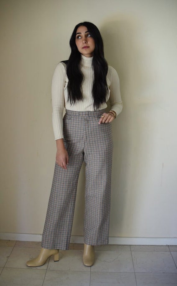 High Waisted Plaid/Gingham 70s Flare Trousers