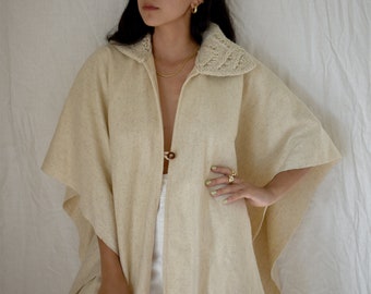 Vintage 1970's Beige Wool Fringe Poncho Cape