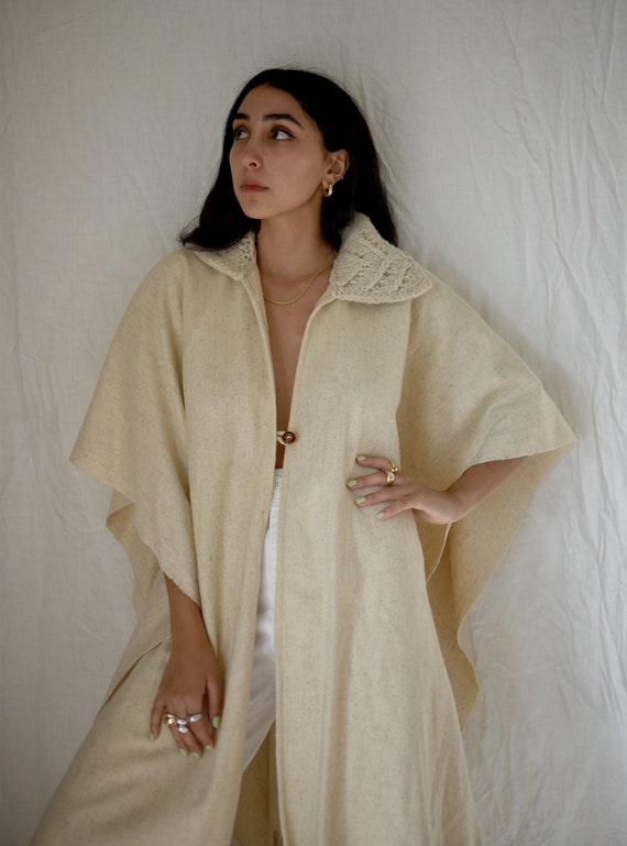 Vintage 1970's Beige Wool Fringe Poncho Cape