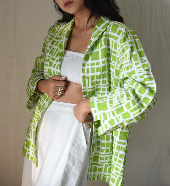 Vintage 1970's Green & White Linen Mod Pattern Jac