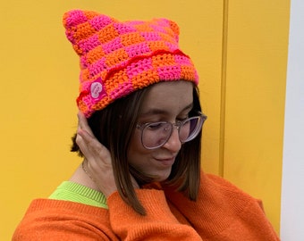 Pink & Orange Devil Horn Cat Checker Crochet Beanie Hat