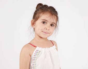 SUPER SALE: Kids tencel top shirt  'Stitches' White. Hand-embroidered