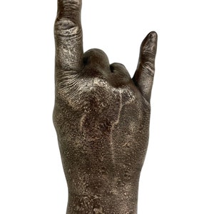 Hand sculpted Bronze life sz metalhead man devil horns sign of the horns heavy metal rock