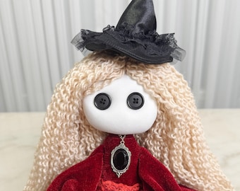 Goth Doll - Creepy Rag Doll - Horror Collectible Handmade Art - Witch - Red Spooky Gift