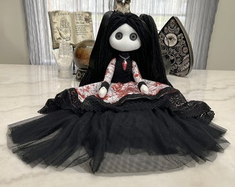 Creepy Handmade Goth Doll - Horror Halloween Decor - OOAK Collectible and unique copy - Black, Red & White