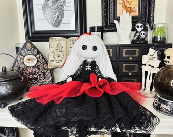 Unique Goth Doll - Handmade Creepy, Horror, Halloween, Ooak, Original and unique copy, Collectible Decor, Black, Red & White
