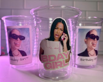 Custom Birthday Girl Party Cups – 16oz Clear Plastic Cups with Your Uploaded Photo – 90s/2000s Aesthetic Party Favors