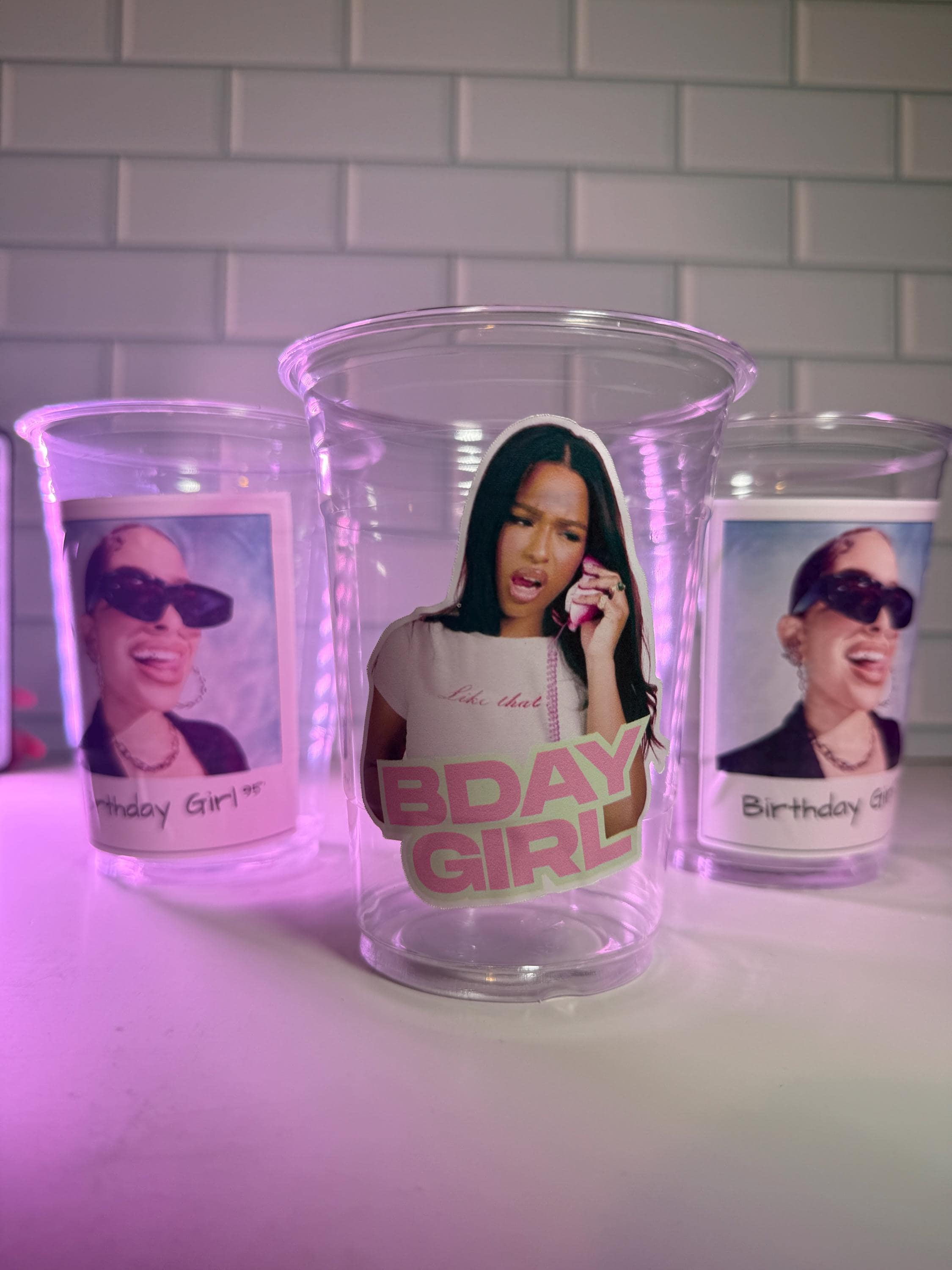 Custom Birthday Girl Party Cups – 16oz Clear Plastic Cups with Your Uploaded Photo – 90s/2000s Aesthetic Party Favors