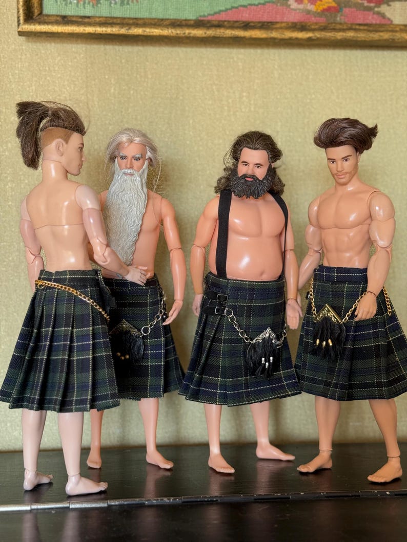 May include: Four male dolls standing in a row, each wearing a green and navy blue plaid kilt with a black sporran and a silver chain. The dolls have varied hairstyles and facial hair, including a long white beard and a dark brown full beard.