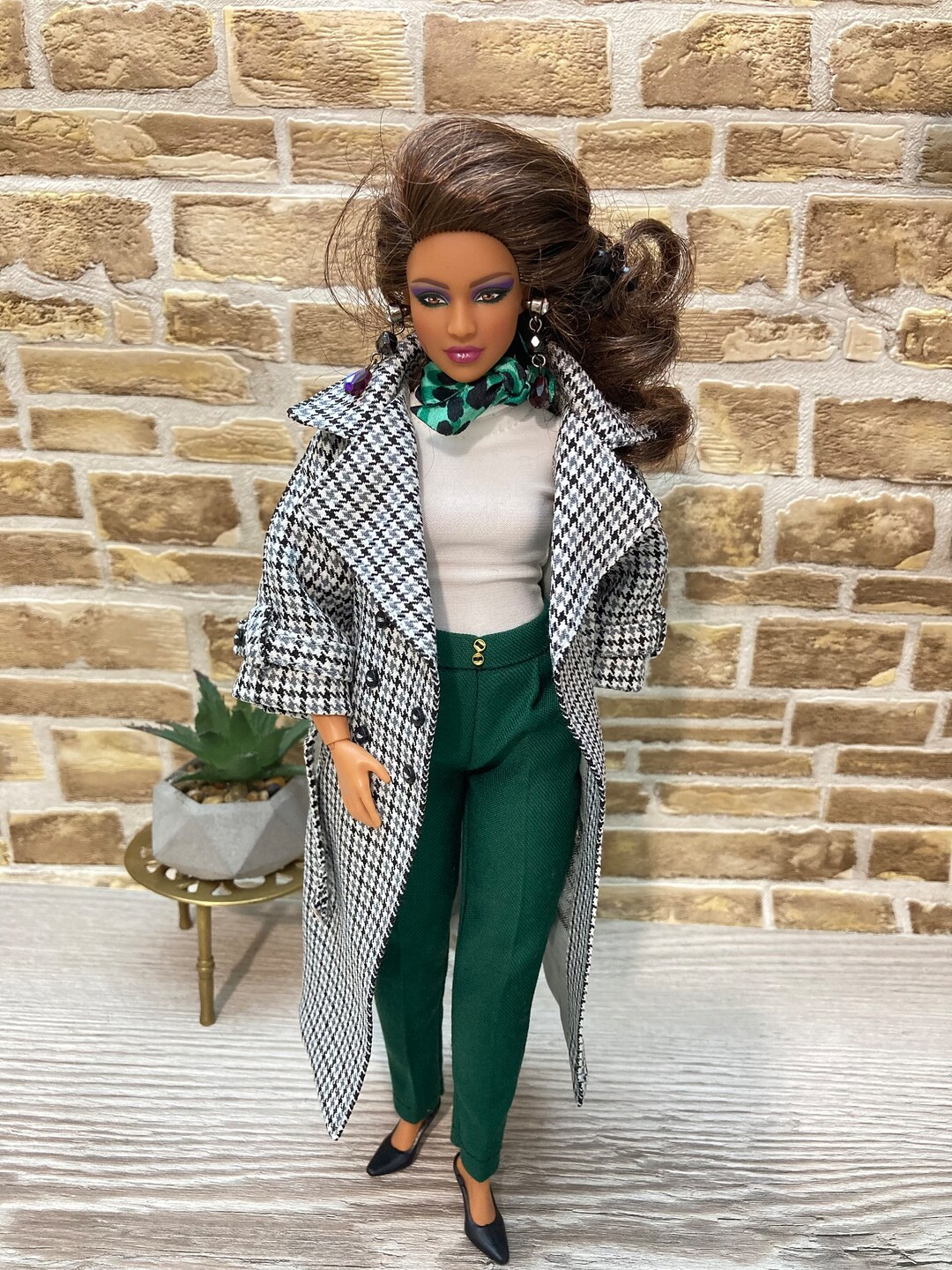 Grey Checkered Coat, Blue and Green Pants for Curvy Doll 11,5 Inches ...