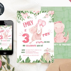 Three-Rex Girl Dinosaur Birthday Invitation Printable EDITABLE Template PLUS Electronic Invitation (Evite), 3-Rex third Dino Party Invite