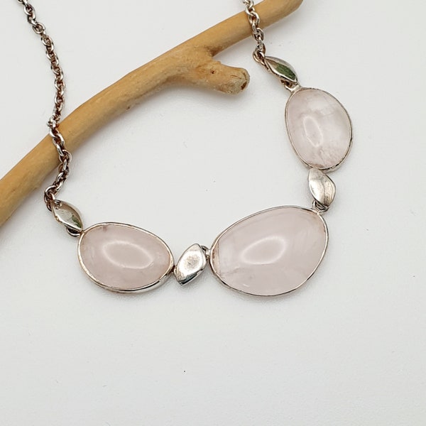 Vintage rose quartz triple pendant solid 925 sterling silver necklace