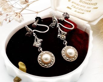 Antique Marcasite Simulated Pearl Sterling Silver Dangle Earrings: Screw Back