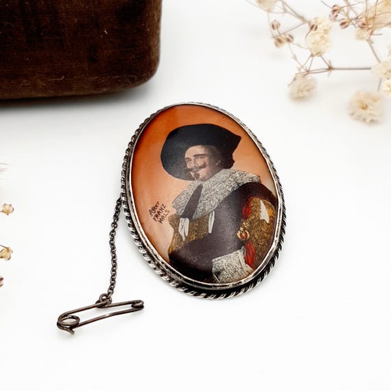 Antique After Frans Hals Portrait Brooch: Sterling Silver Filigree, Rhodium Plated The Laughing Cavalier