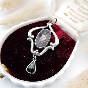 Antique Charles Horner Edwardian guilloche chandelier enamel floral solid 925 sterling silver art nouveau pendant / 1910s
