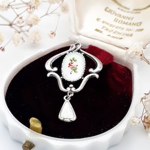 Antique Charles Horner guilloche chandelier enamel floral painted solid 925 sterling silver art nouveau pendant / Chester, 1913