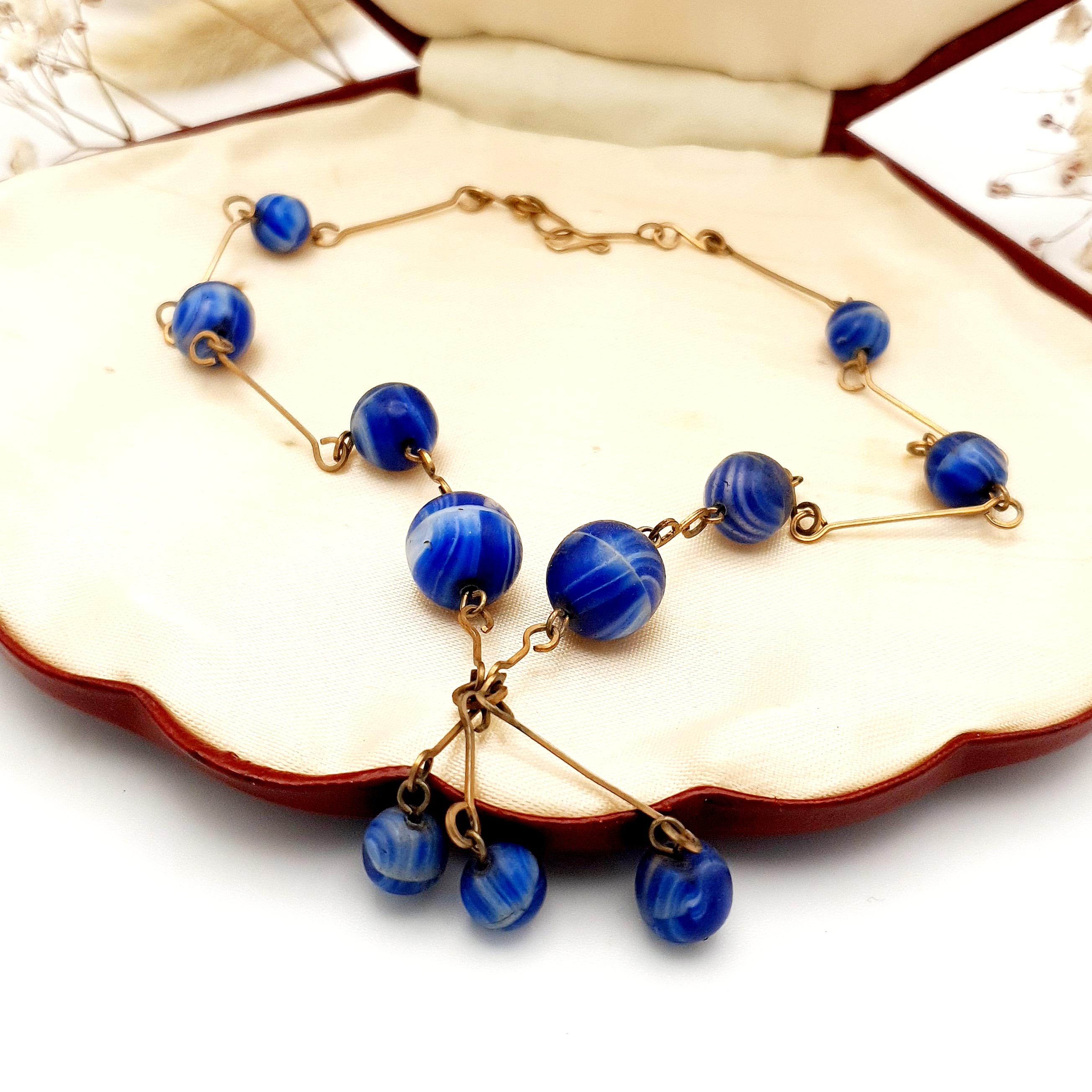 Ancien Collier Vintage Perles En Verre Bicolores - Fermoir Doré - Style Bohème