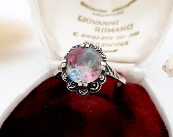 Art Deco Iris Glass 830. Silver Ring: Filigree Antique - UK P1/2, US 8