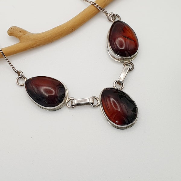 Vintage garnet triple tear drop pear pendant solid 925 sterling silver necklace