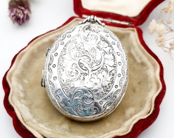 Victorian Etched Sterling Silver Locket Pendant: Antique Foliate Extra Large Design