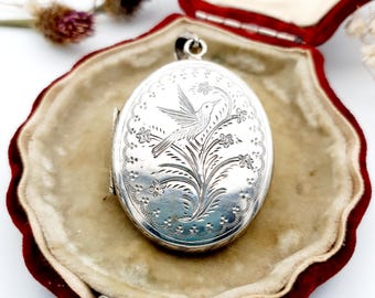 Victorian Etched Sterling Silver Locket Pendant: Antique Floral Bird Foliate - Large