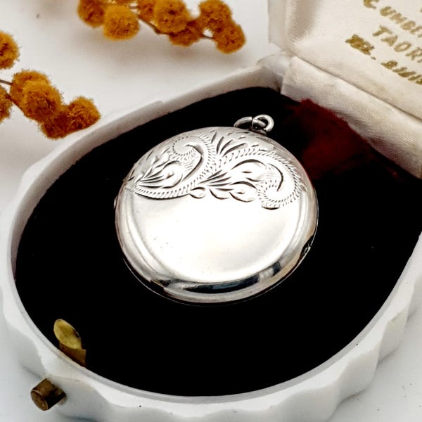 Vintage Blatt geätzt rund / Kreis solide 925 Sterling Silber Mitte des Jahrhunderts Stil sichere Medaillon Anhänger